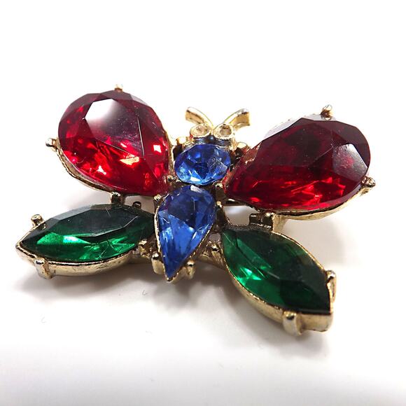 1940s Coro Butterfly Brooch Red Green Blue Rhinestone Gold Tone Vintage Jewelry - Picture 8 of 10